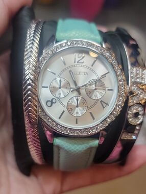 Mint Leather Strap Women's Crystal Watch -